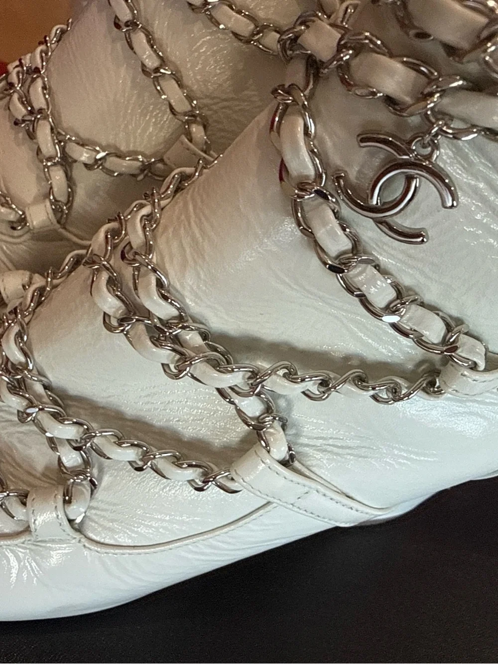 CHANEL White Leather Chain-Wrapped Ankle Boots